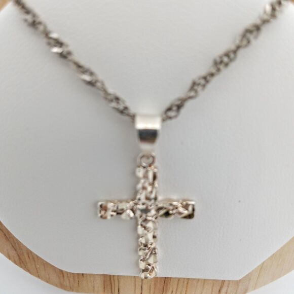 Sterling Silver 925 Cross Pendant Necklace - Sparkly Stone Accents - 18" Chain - Picture 3 of 6
